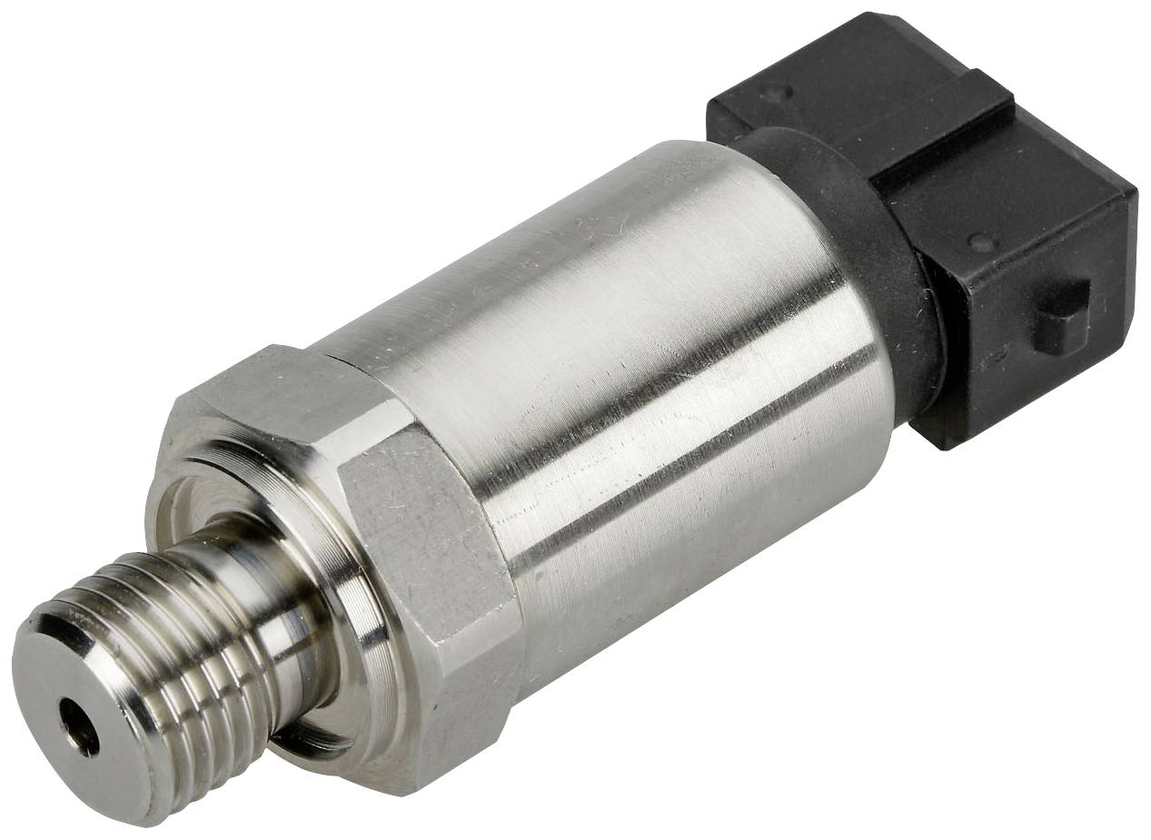 A cylindrical metal pressure sensor with a black plastic connector. Suitable for measuring pressure in systems.