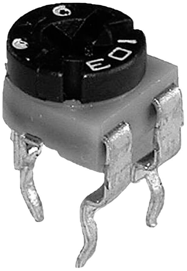 'Black and white image of a trimmer potentiometer with three corrugated metal legs and an adjustable black top surface.'