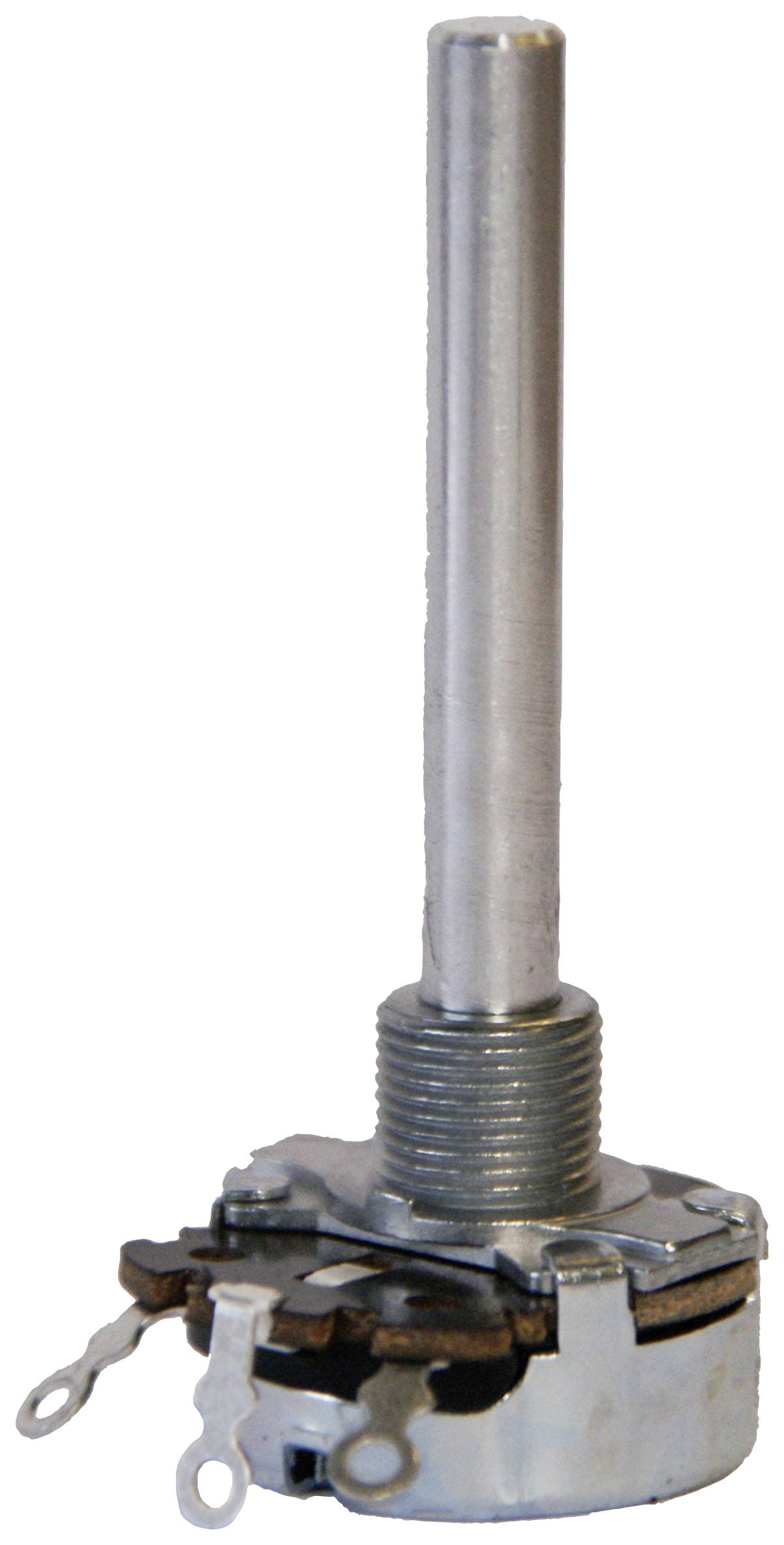 Rotary potentiometer with long shaft, three terminals for electrical connection. Used for controlling electrical signals.