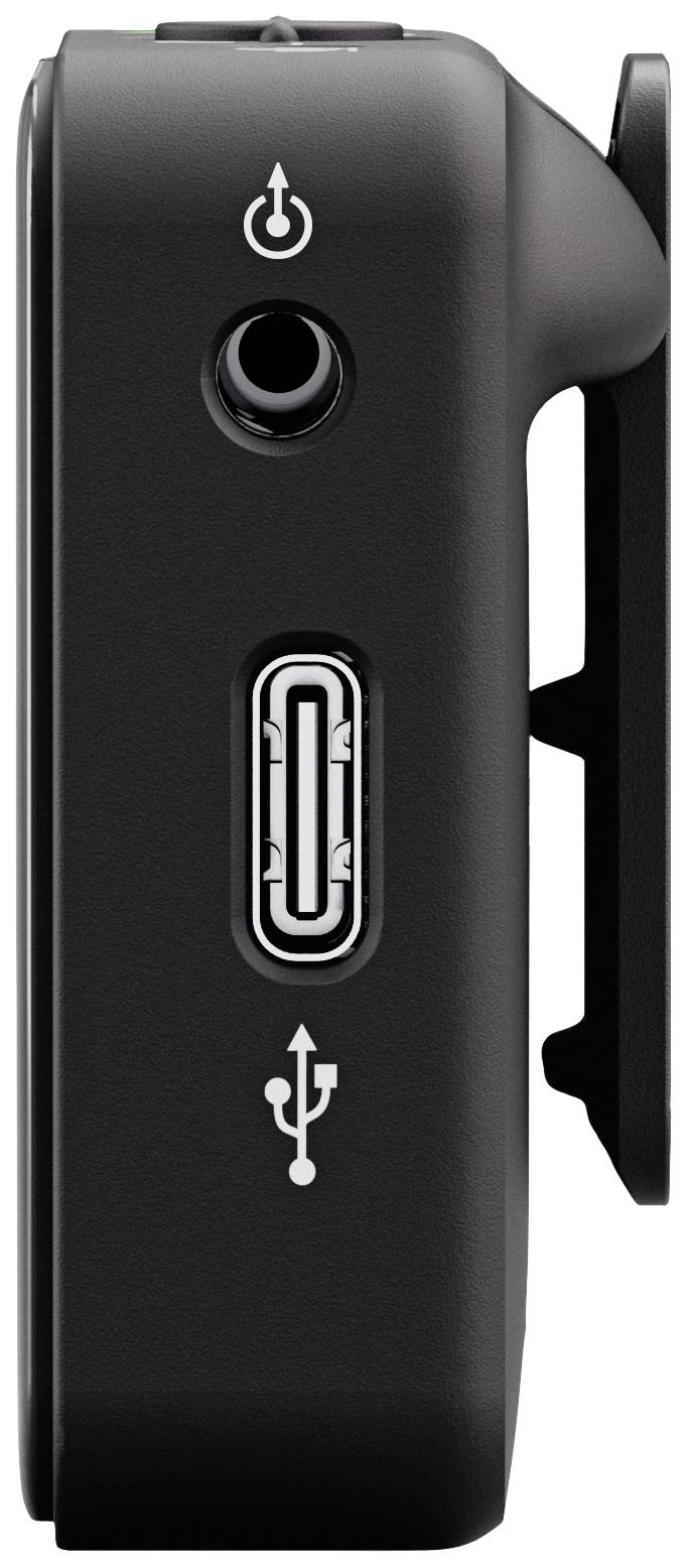 Side view of a black electronic device with a power button and a USB port.