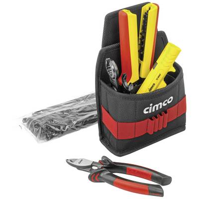 'Tool bag with a spanner, yellow wire strippers and cable ties. A side cutter is positioned to the side.'