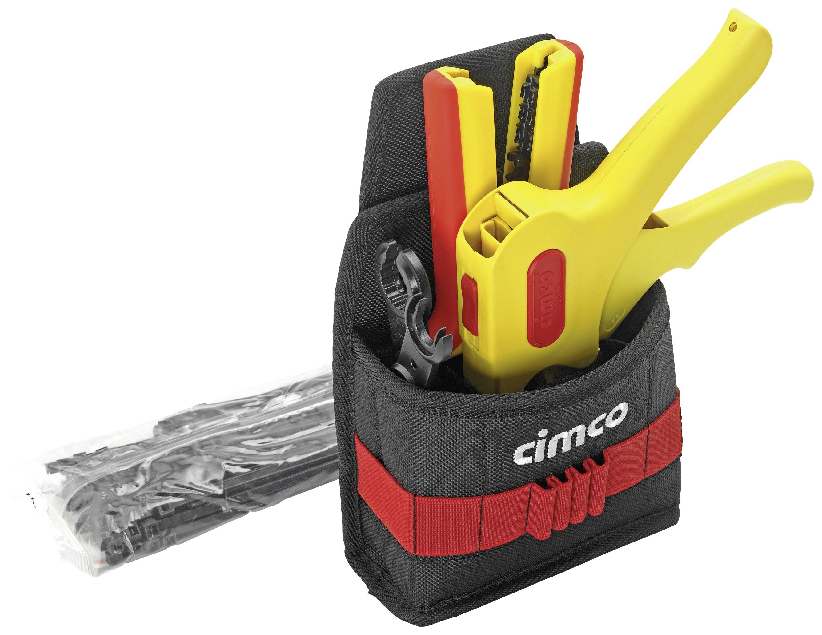Tool bag with cable ties, cable cutters, and wire strippers; Ideal for electrical installations and cable management.