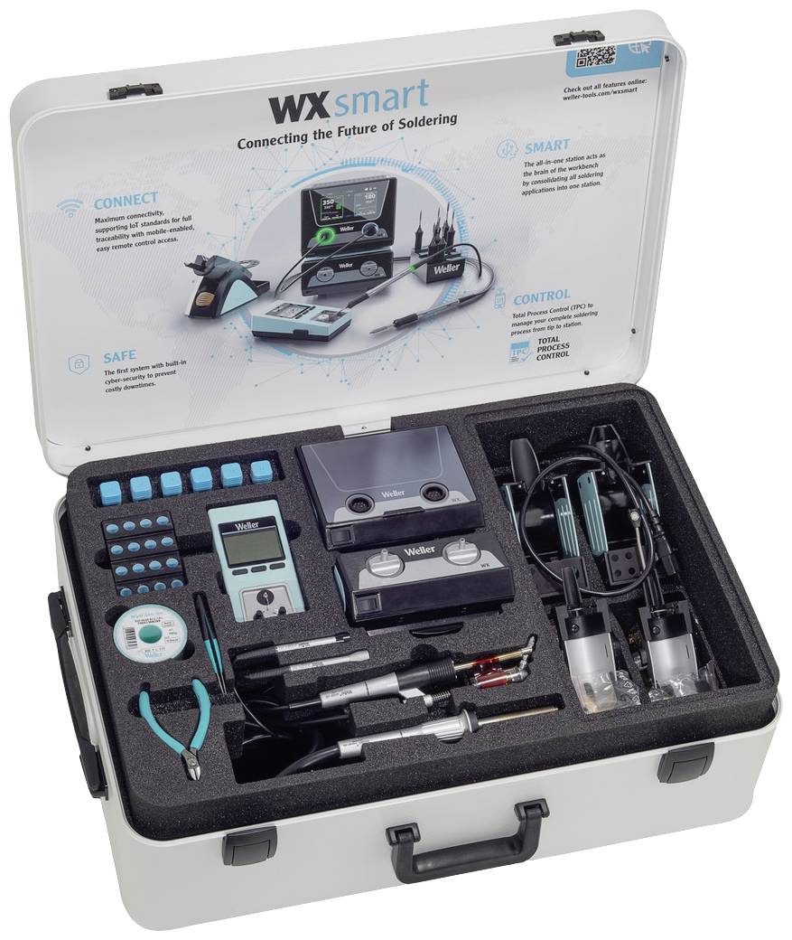 Portable soldering tool case with various tools and electronic devices. Upper lid displays graphic and description.