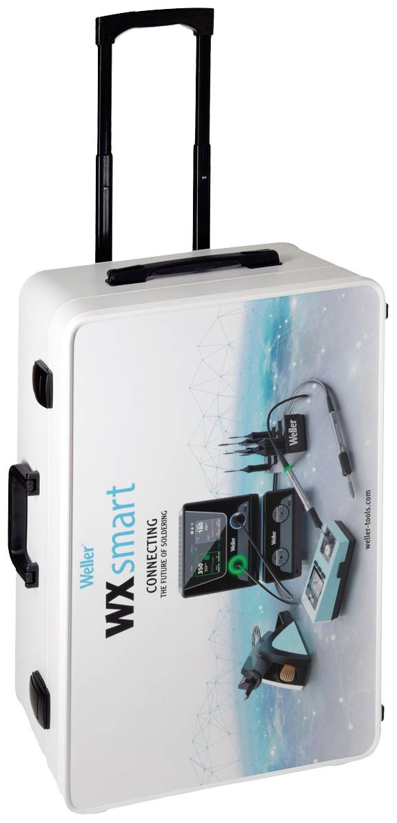 A white suitcase with the inscription 'WXsmart' and pictures of soldering irons on the lid.