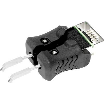 A black adapter with a USB plug and two silver pins. It is used to connect specialised devices with a USB port.