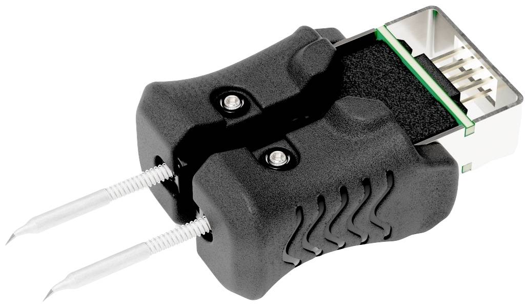 A black, shaped adapter with metal pins and a USB plug, likely a specialist connector for diagnostic or testing purposes.