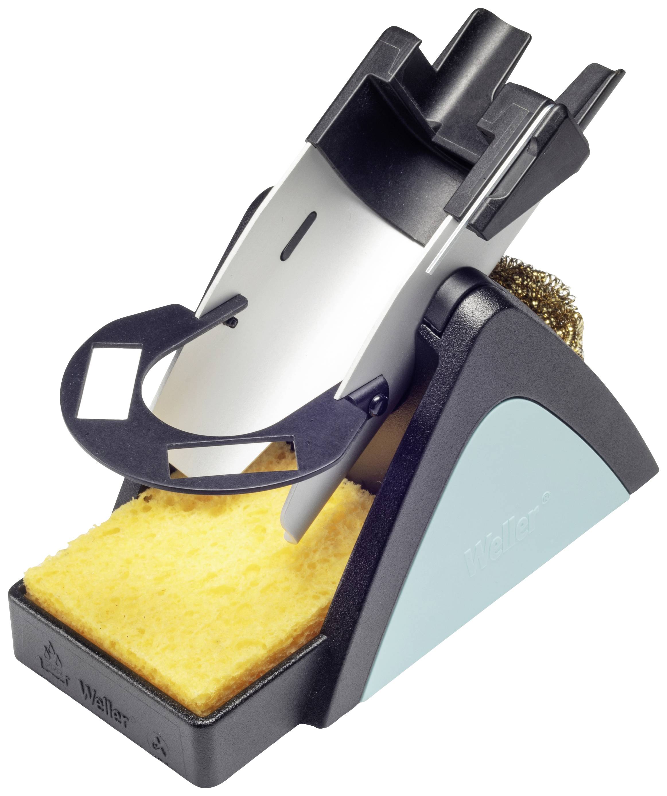 Metal and plastic soldering iron stand with cleaning sponge and metal wool. Safe clothing resting place for soldering work.