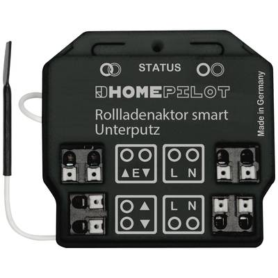 Black roller shutter actuator device with 'HomePilot' inscription. Four connection areas, Up/Down and Stop buttons, Made in Germany.