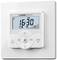 A digital thermostat with time display '16:30', control buttons and icons for sun, rain, and music.