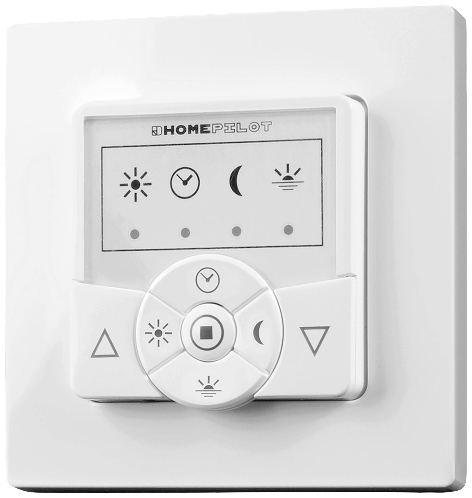White wall switch with four symbols: sun, clock, moon, and a circle. Control button underneath with arrows and symbols for operation.