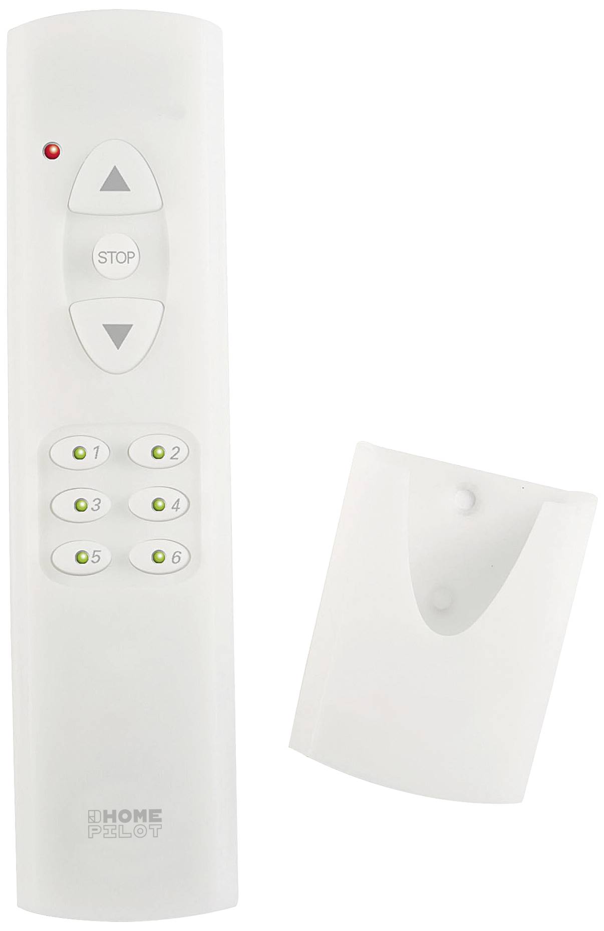 White remote control with wall mount, top showing control buttons for Up, Down, Stop and six numbered channels with LED indicators.