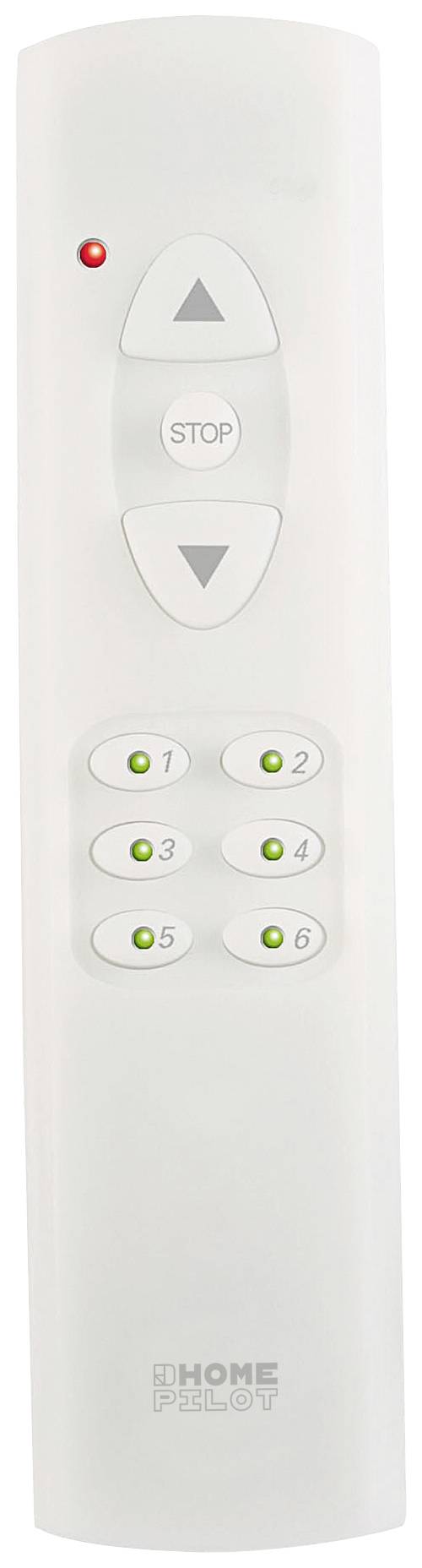 White remote control with buttons for arrows, Stop, and six numbered channels, each with a green control light.