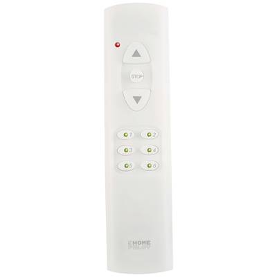 White remote control with buttons for arrows, Stop, and six numbered channels, each with a green control light.