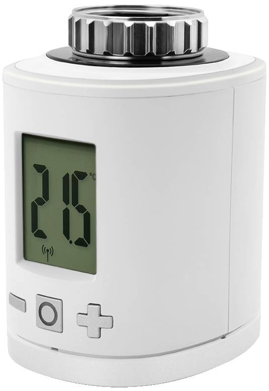 A white, cylindrical thermostat with a digital display shows '25°C'. Rotary dial at the top, with control buttons on the front for temperature adjustment.