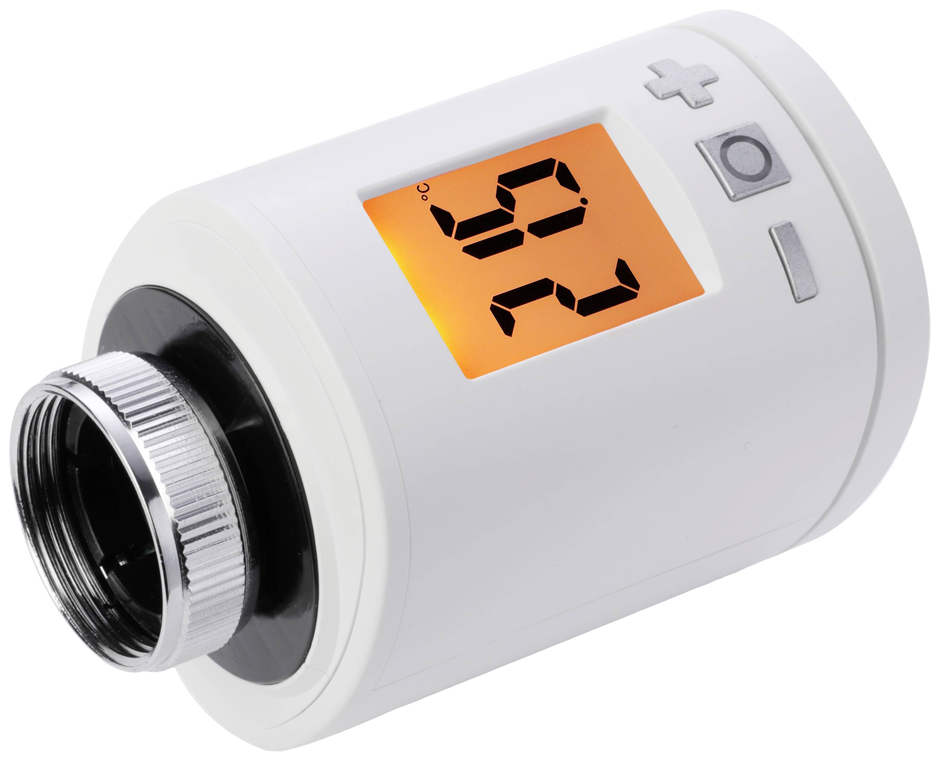 A digital radiator thermostat with an illuminated display shows the temperature '20.5°C'. Plus, minus, and menu buttons are visible.