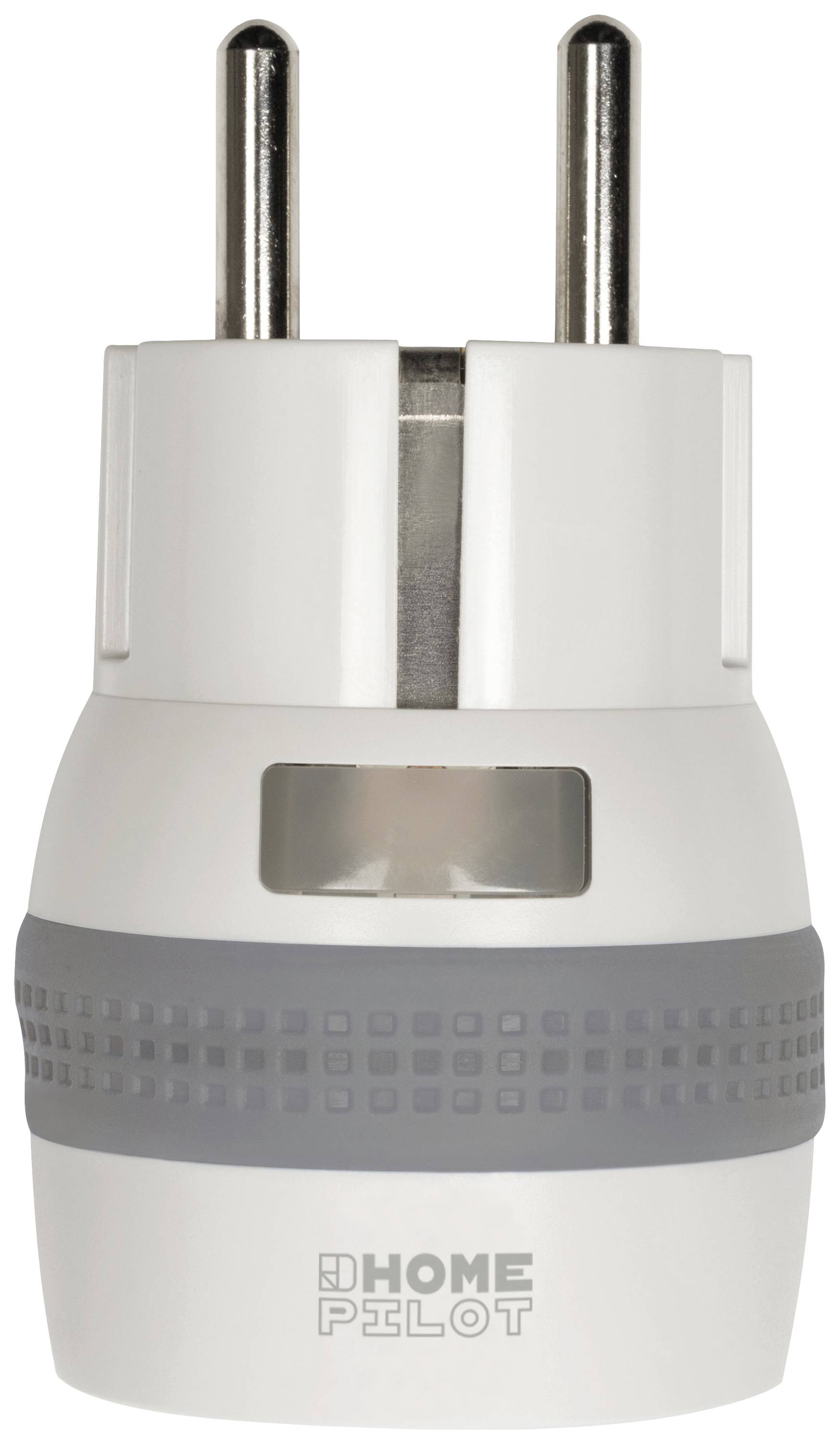 A white smart plug for home use. The top end shows two metal pins, with a grey ring underneath.
