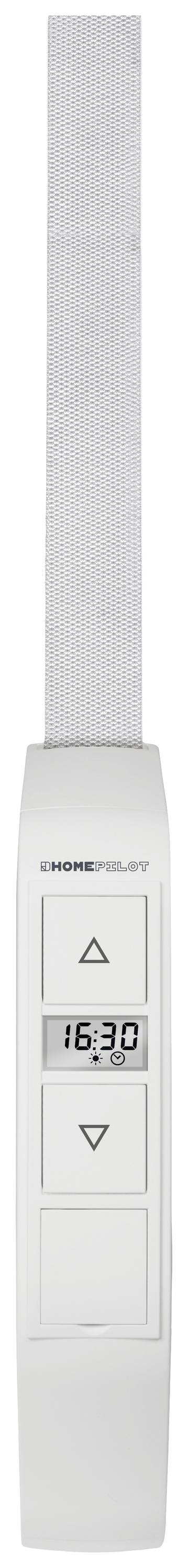 Electronic remote control with up and down buttons and a display showing '10:30'.