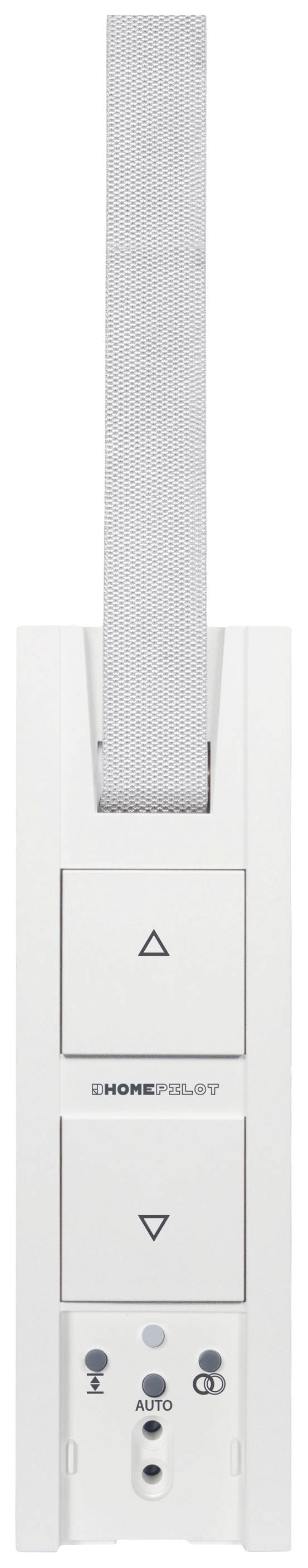 A white roller shutter switch with two buttons for upward and downward movements. A grey textile ribbon at the top, with symbol buttons below.