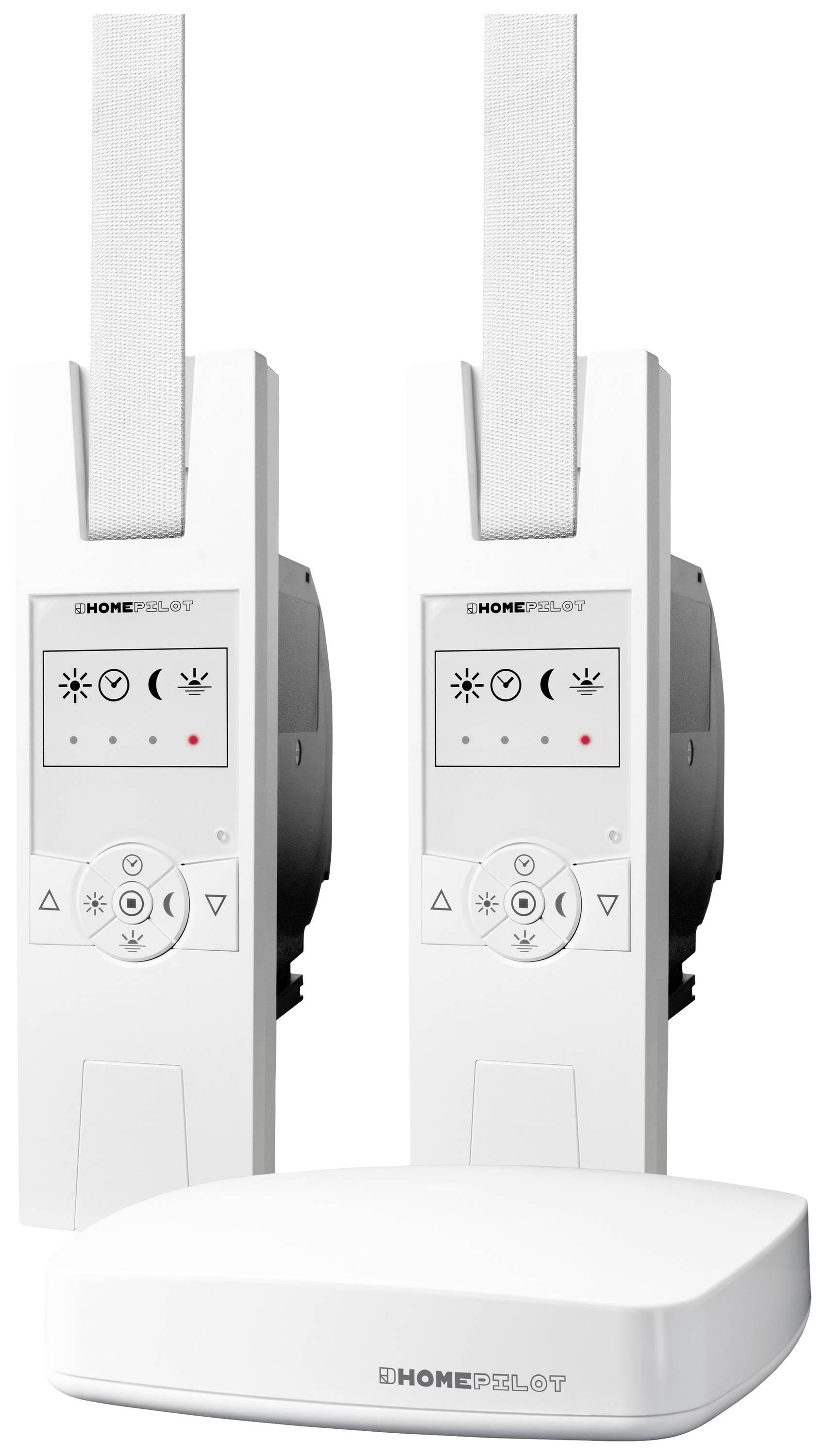 Two white roller shutter controls with display and control buttons, with a white base station underneath.