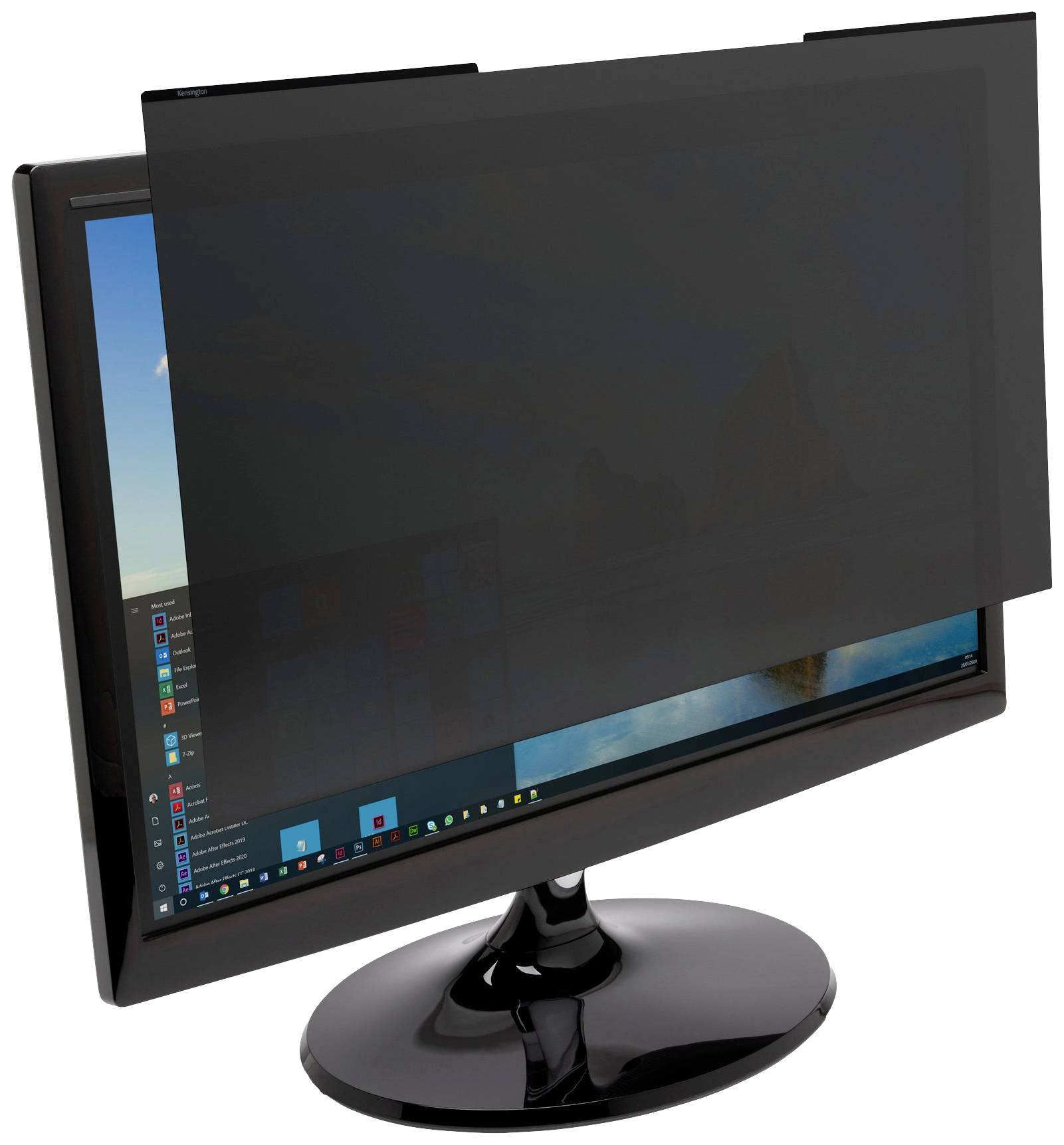 A computer monitor with a mounted privacy filter that protects the screen from side viewing.