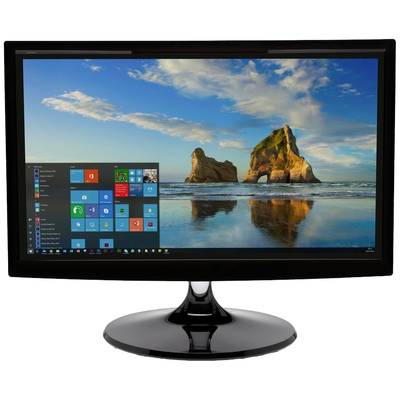 A screen displays the Windows desktop with a wallpaper featuring a beach and rocks. Apps are visible on the left side of the start menu.
