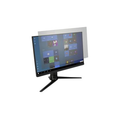 A computer monitor with a privacy screen displays a Windows desktop. The screen filter prevents the display from being viewed from the side.