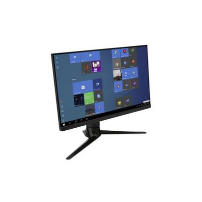 A modern monitor with a black bezel displays a Windows desktop with multiple application icons and a blue background.