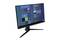 A modern monitor with a black bezel displays a Windows desktop with multiple application icons and a blue background.
