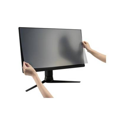 A person is applying an anti-glare protective film to a large computer monitor; the film reduces glare and reflections.