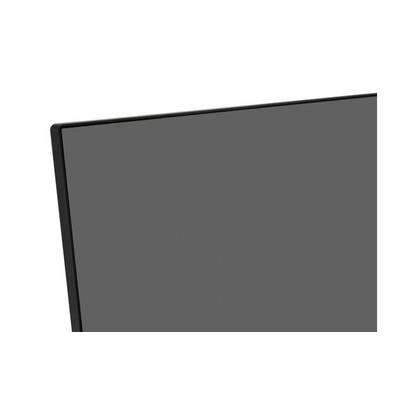 A black, slightly tilted rectangle reminiscent of a screen or frame corner, set against a white background.