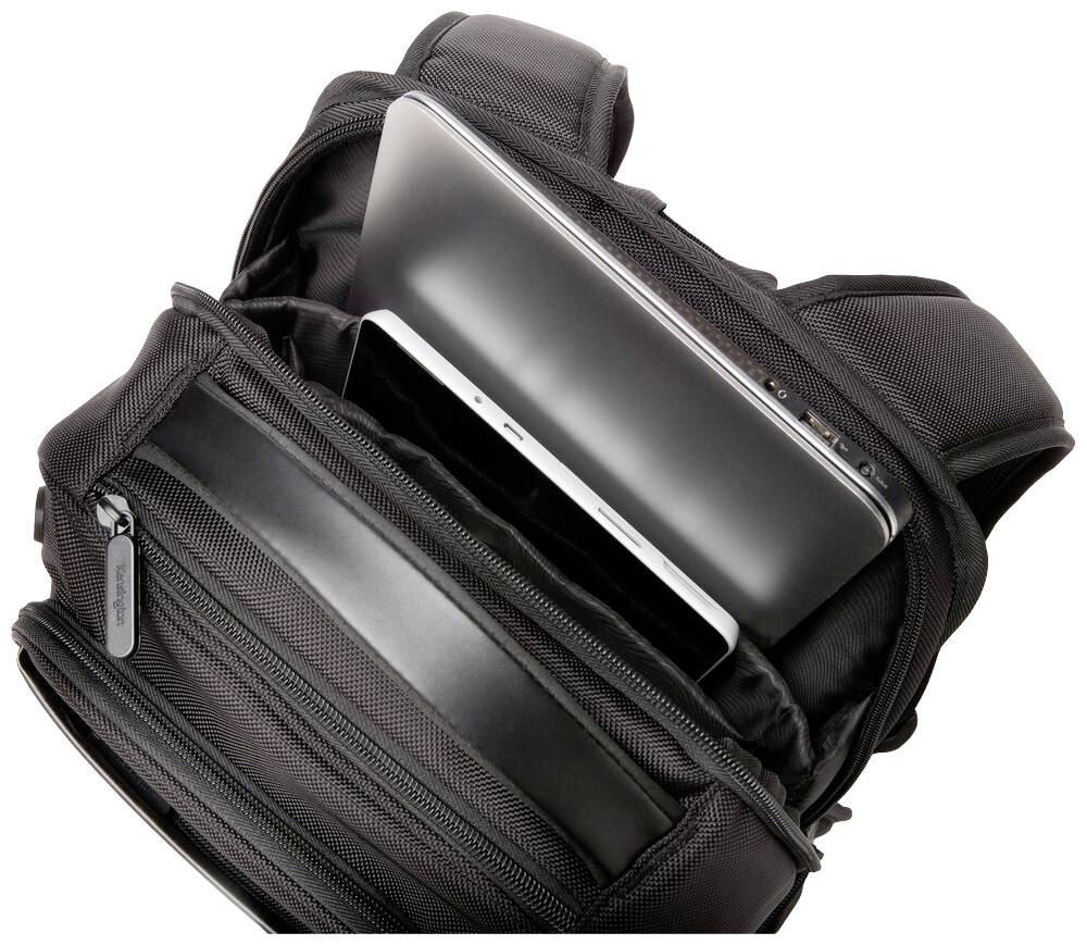 A black rucksack with an open zip reveals a laptop and a tablet stored inside the main compartment.