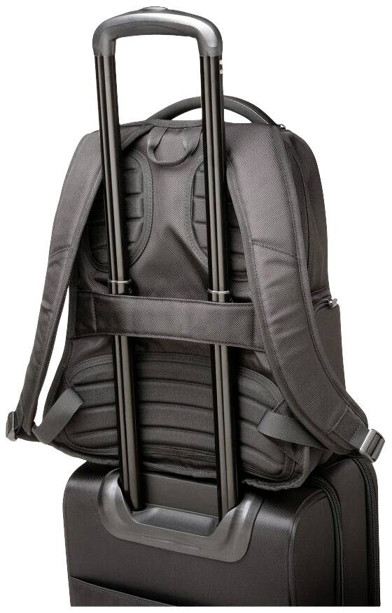 A black rucksack, secured to a trolley suitcase handle, demonstrates travel compatibility through its back straps.
