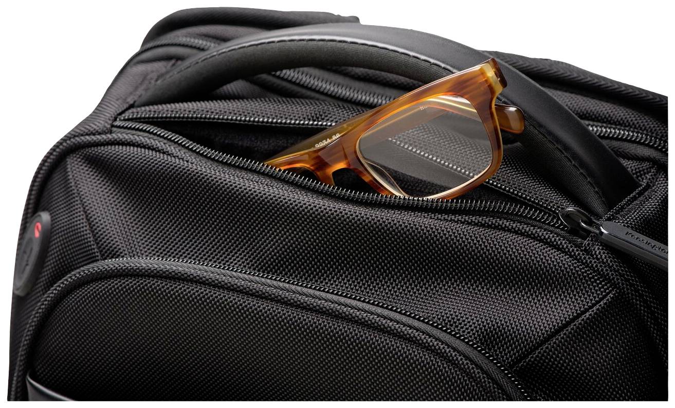 Black rucksack with a compartment, from which a brown pair of glasses peeks out.