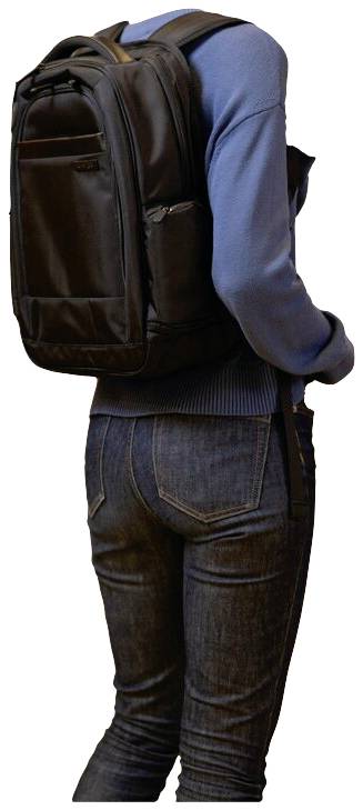 A person in jeans and a blue jumper is wearing a black rucksack.