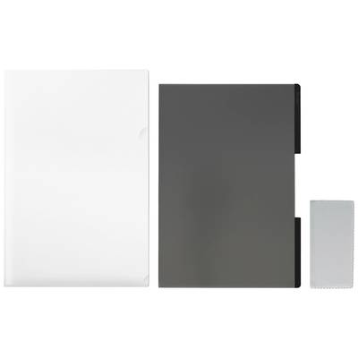 A black and a white plastic folder side by side, with a large white envelope on the left. On the right, a small grey cloth.