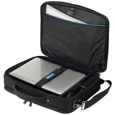 An open black laptop bag reveals a laptop, a notebook compartment, and a charger. The bag has a carry handle.