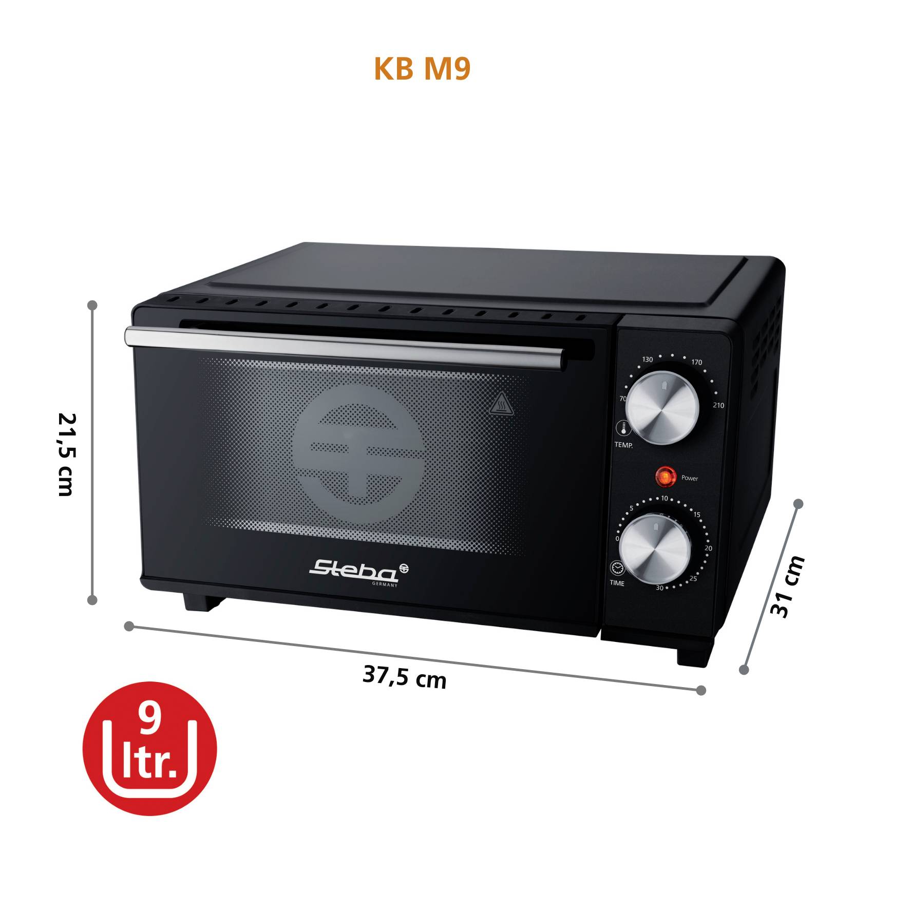 'Silberner Steba KB M9 Mini Oven, 31 cm high, 37.5 cm wide, with black buttons. 9 litre capacity.'