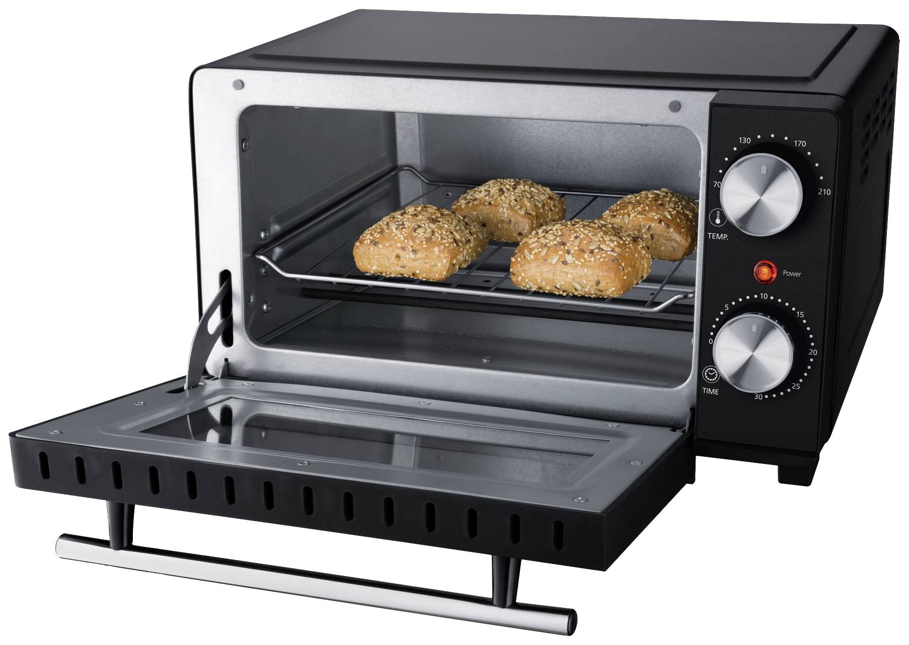 A black oven with an open door; inside, four bread rolls are placed on the rack, with temperature and time adjustable via a rotary dial.