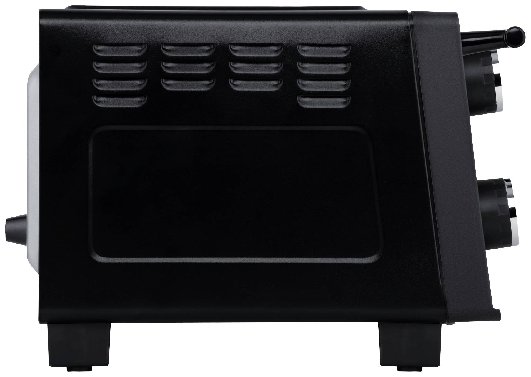 Black toaster viewed from the side, showing control buttons and ventilation slots.