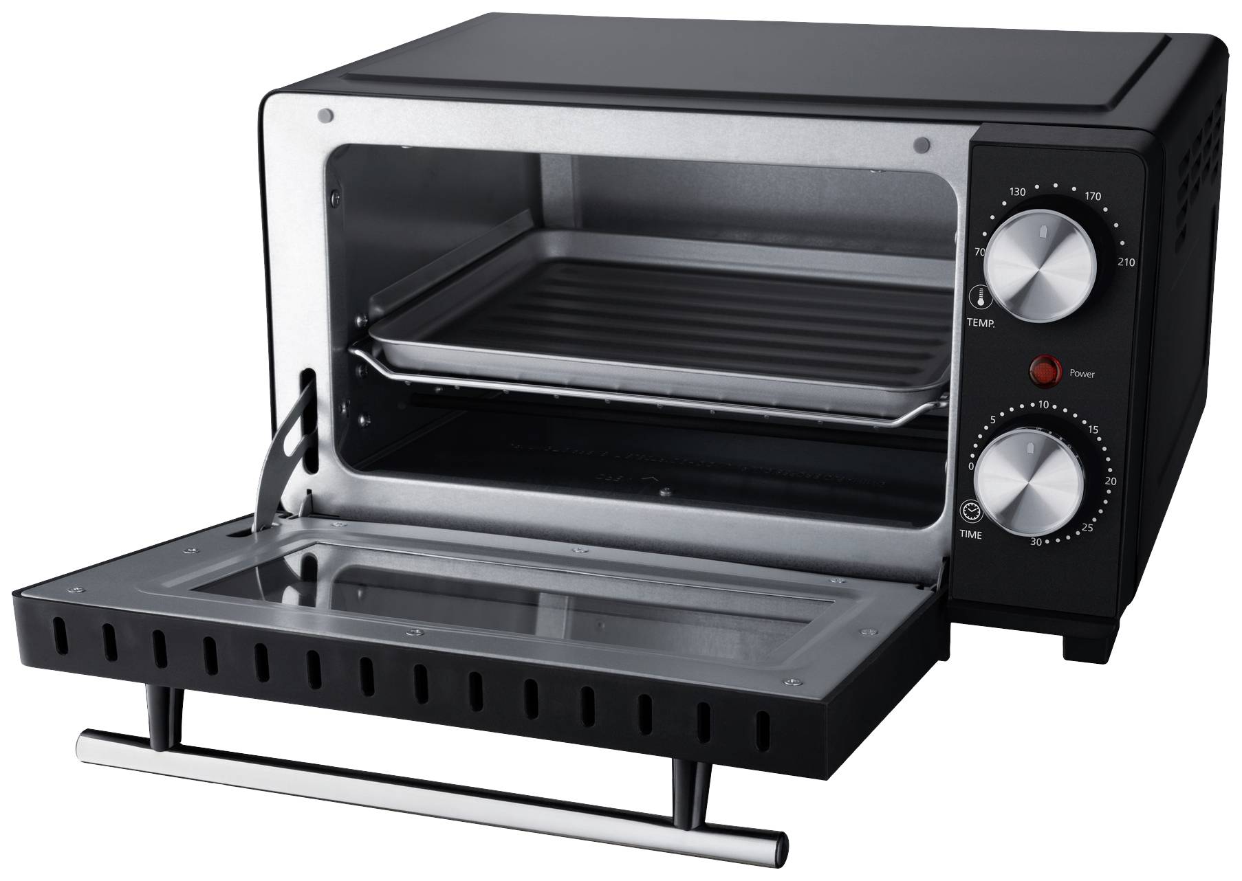 A black table oven with an open glass door. Two rotary knobs for setting temperature and time are visible.