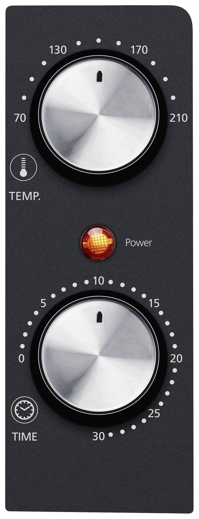 'Rotary control for temperature (70-210 degrees) and time (0-30 minutes) with power indicator light, likely part of a kitchen appliance.'