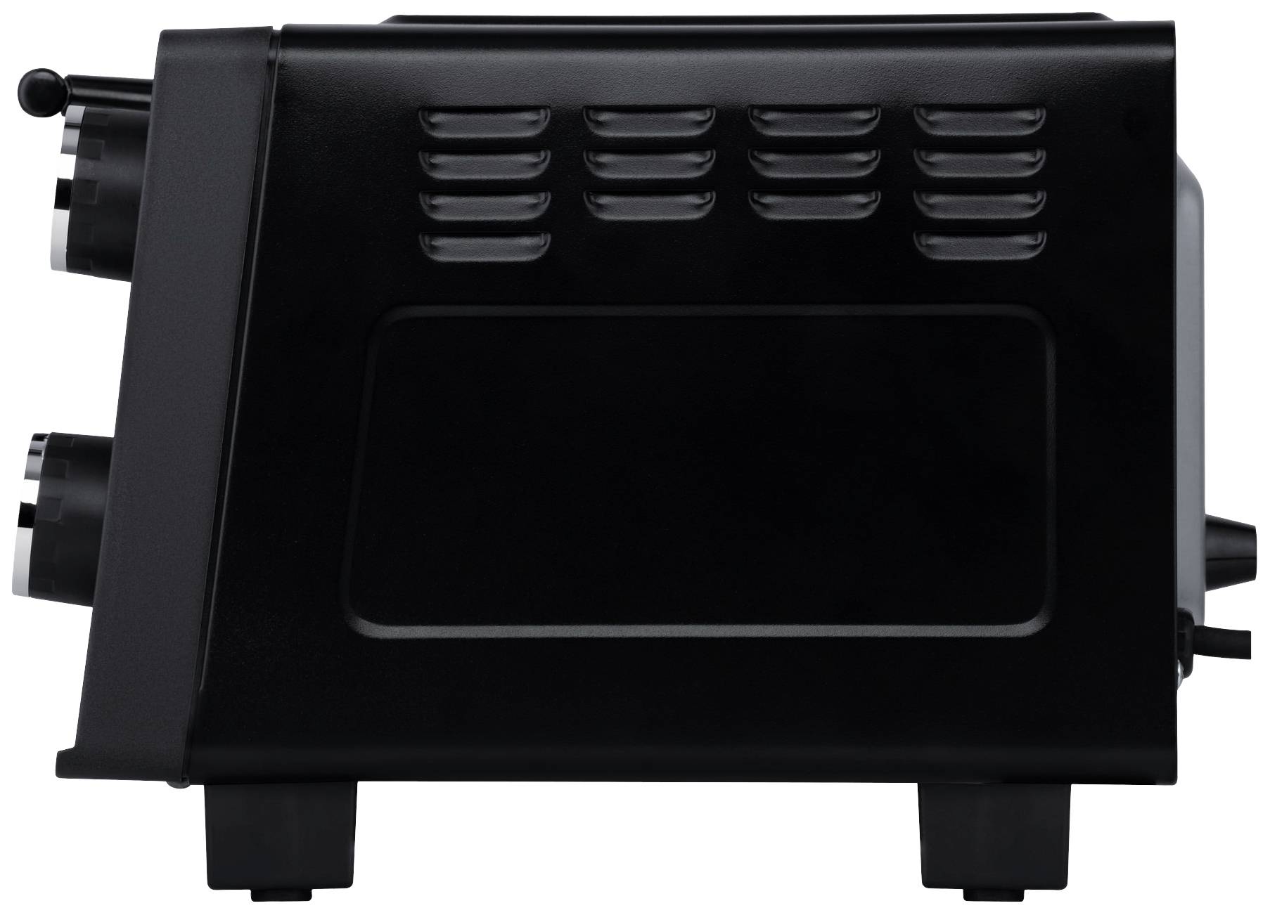 A black toaster photographed from the side, with two long slots and controls at the front.