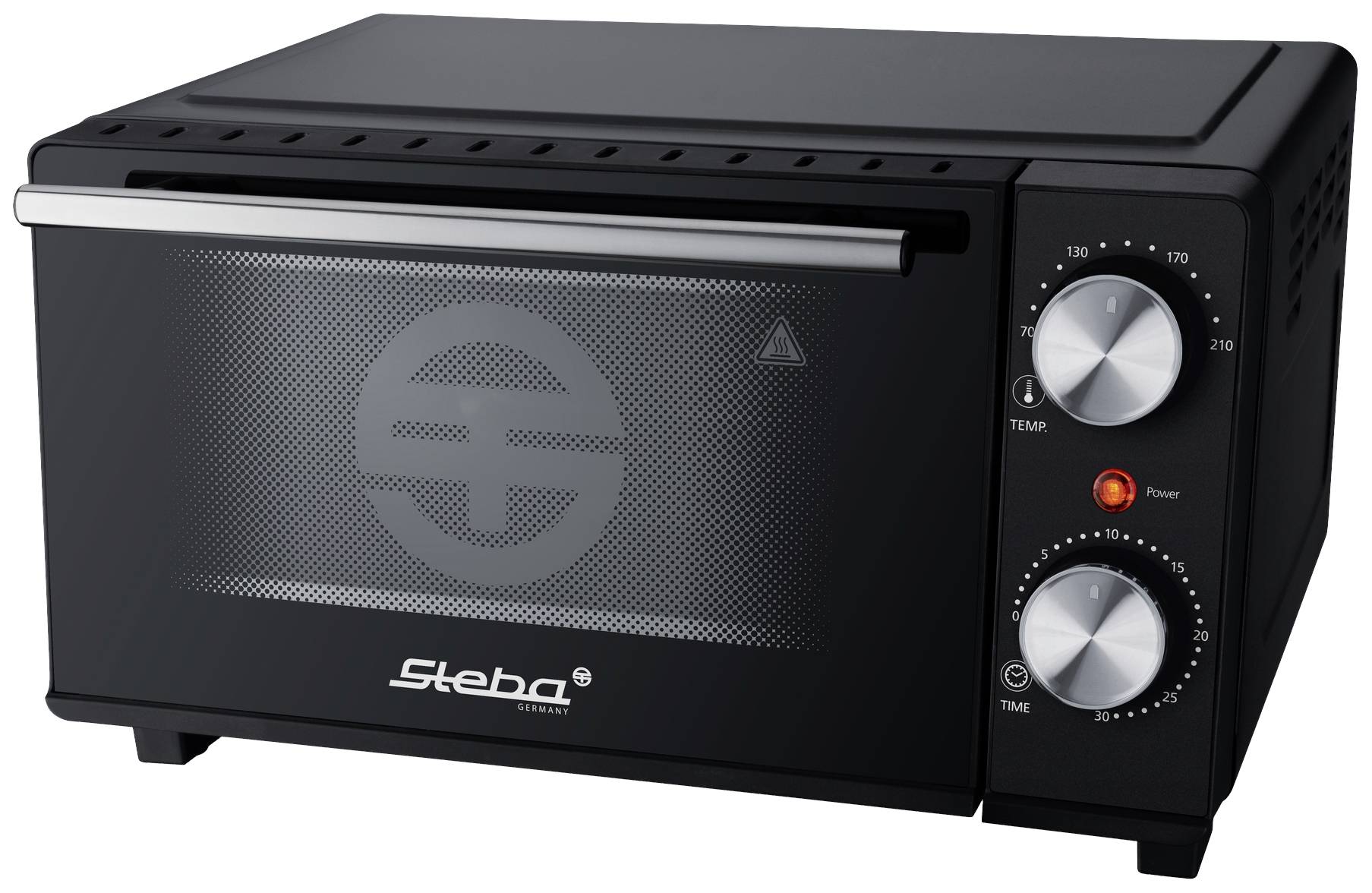 Compact black toaster oven with temperature and time control knobs. The brand name 'Steba' is visible at the front.