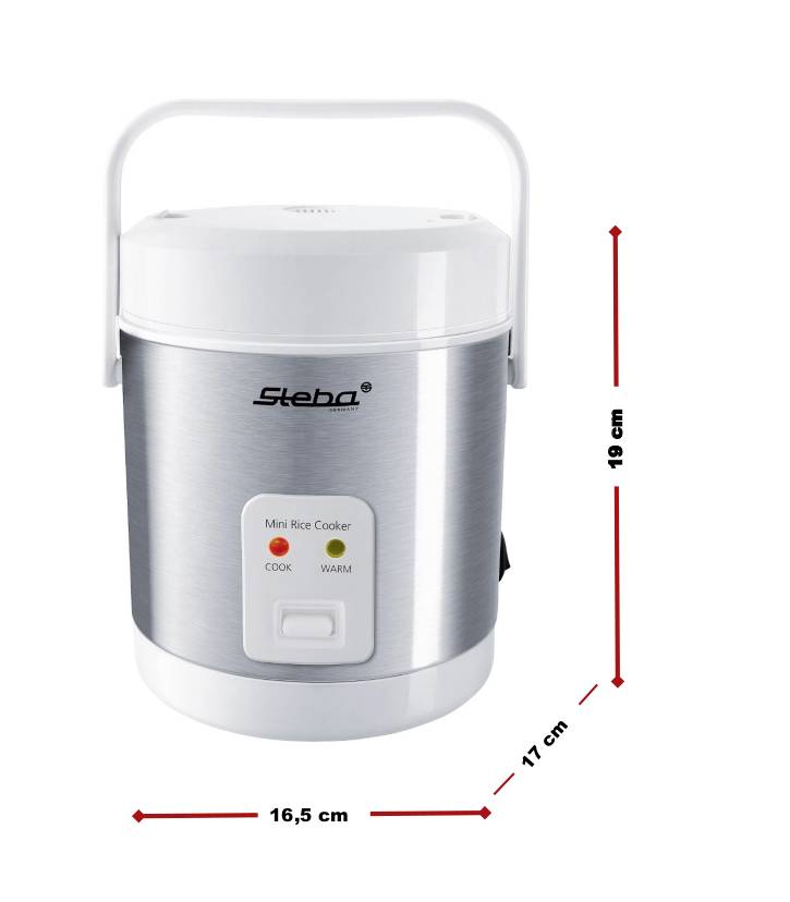 Compact rice cooker in cylindrical design with carry handle and indicator lights for 'Cook' and 'Warm'. Dimensions: 16.5 cm (width) x 17 cm (depth) x 19 cm (height).