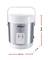 Compact rice cooker in cylindrical design with carry handle and indicator lights for 'Cook' and 'Warm'. Dimensions: 16.5 cm (width) x 17 cm (depth) x 19 cm (height).