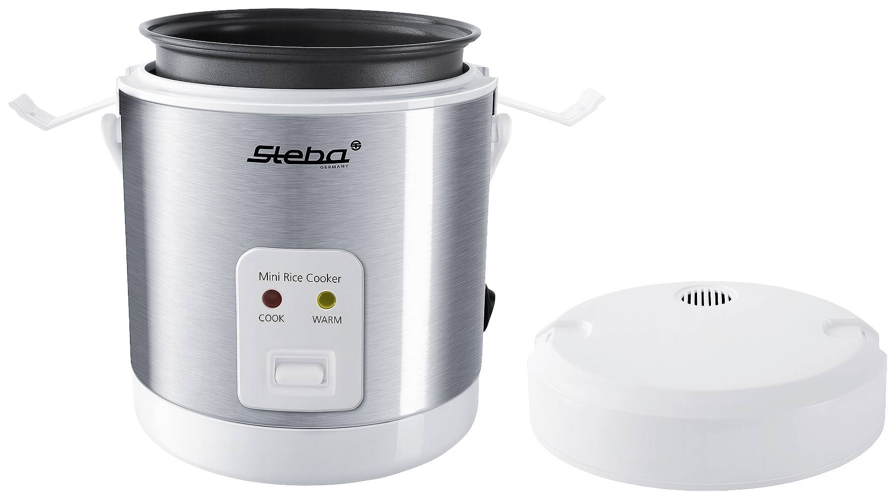 A compact metal rice cooker with a plastic lid. It has two indicator lights for 'Cook' and 'Warm'. Ideal for small portions.