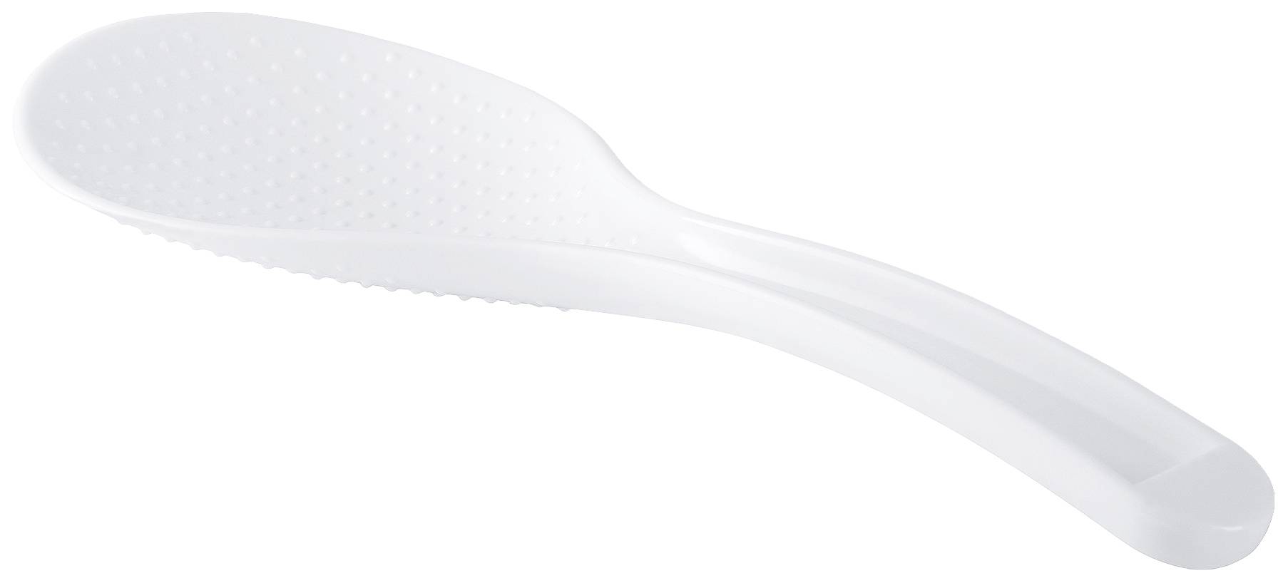 A white, structured plastic rice spoon with a long handle, suitable for serving rice dishes.