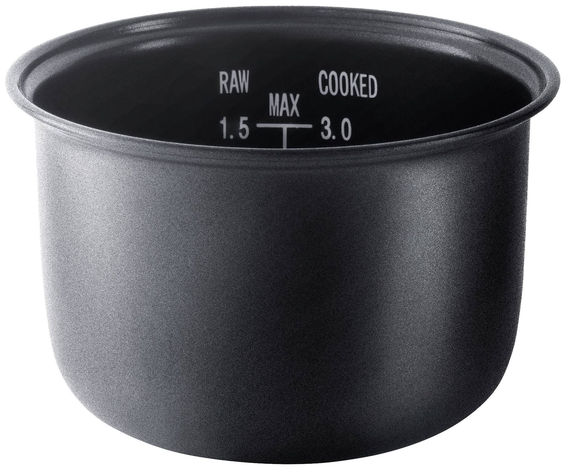 A black rice cooker pot with markings for raw and cooked volume ranging from 1.5 to 3 litres. The maximum is also marked.