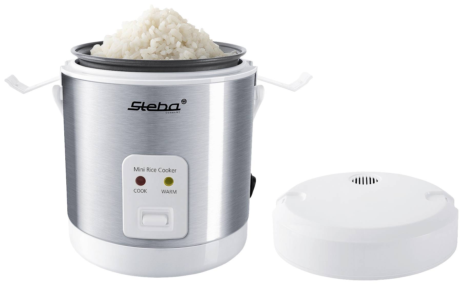 Rice cooker with lid open, filled with cooked rice. Device shows two control lights labelled 'Cook' and 'Warm'.