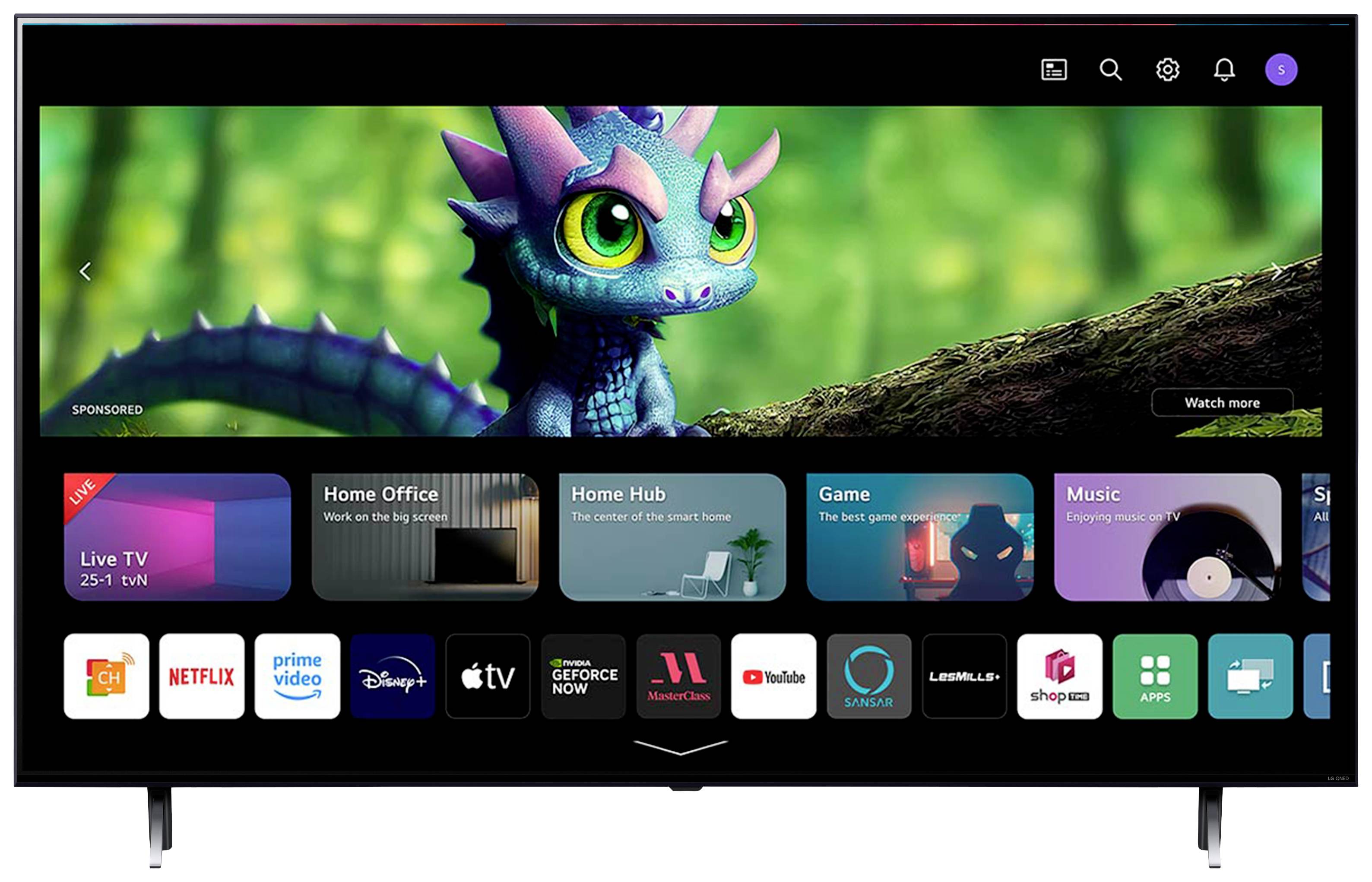 A TV screen displays colourful icons and apps such as Netflix, Prime Video, and YouTube. An animated dragon with large eyes is visible on the screen.